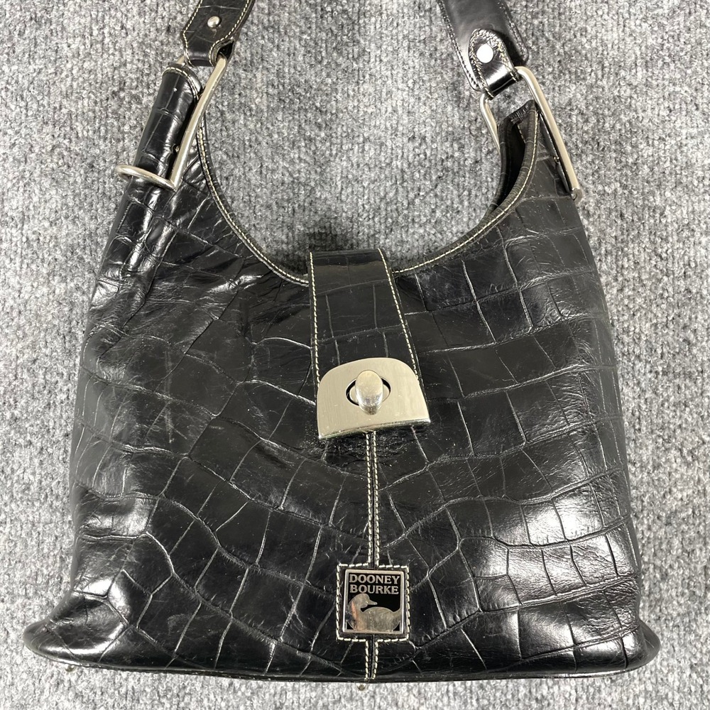 Vintage Dooney Bourke Bag Medium Black Croc Embossed Leather Hobo Turn Lock USA